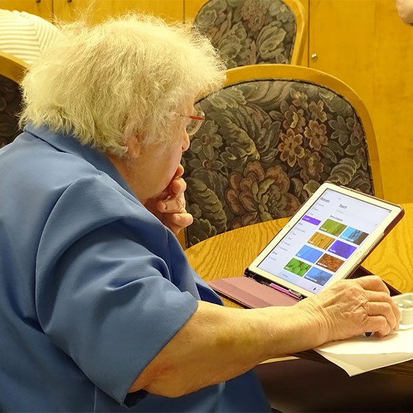 woman looking at tablet