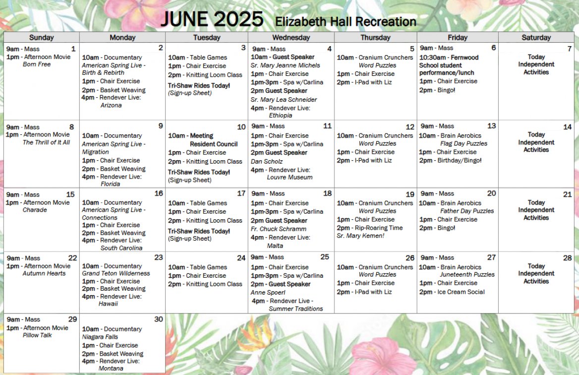 Activity Schedule for 2025-06-01 to 2025-06-30