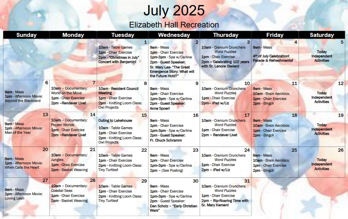 Activity Schedule for 2025-07-01 to 2025-07-31